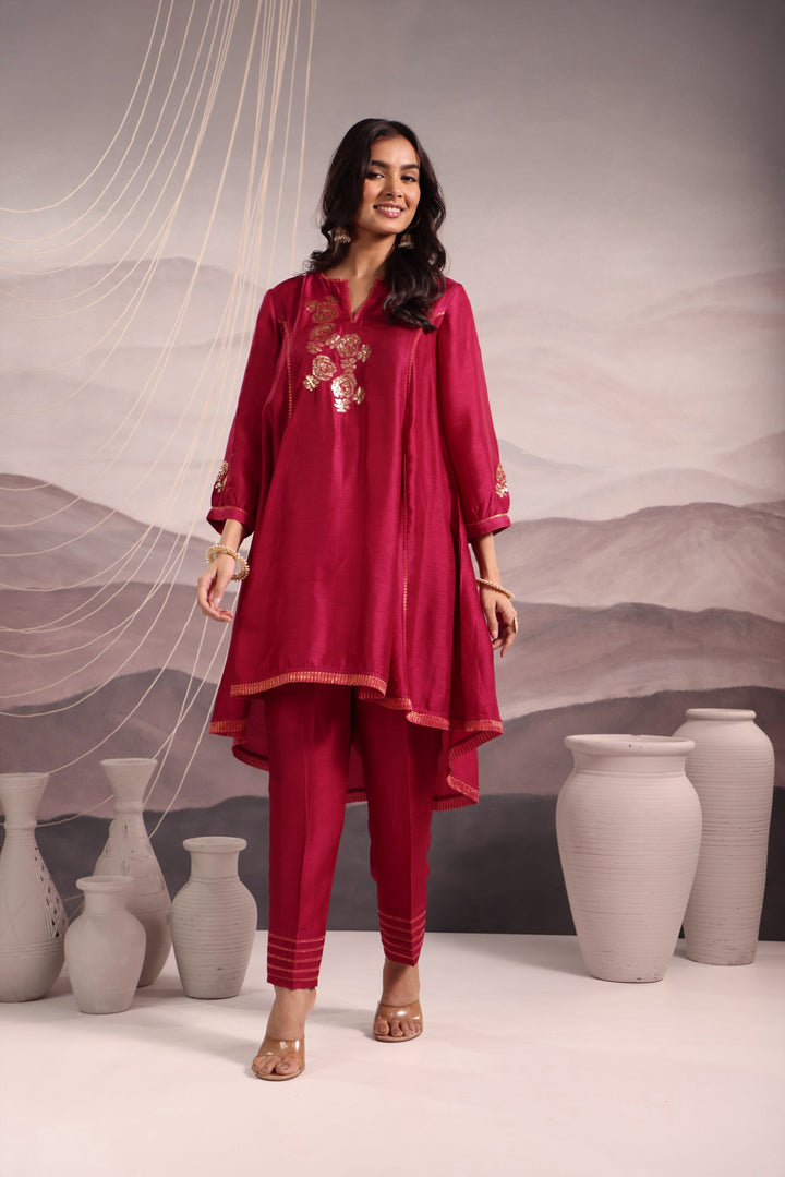 embroidered silk high-low kurta set