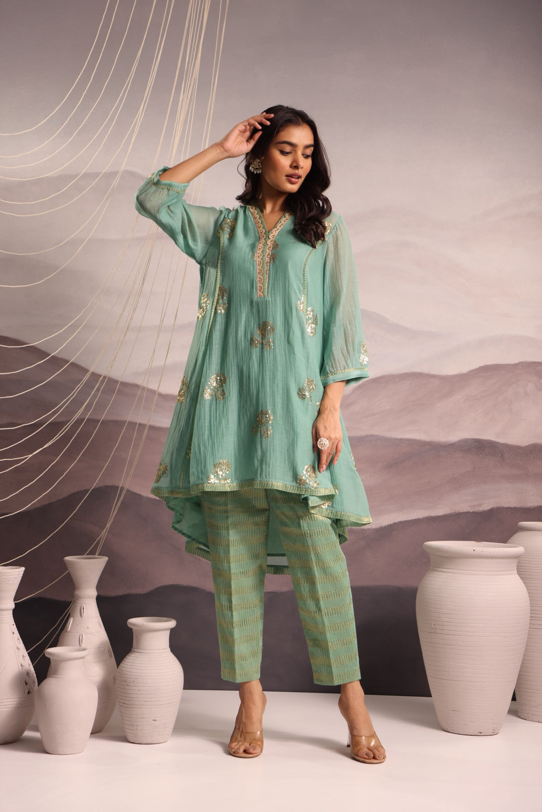 embroidered chanderi high-low kurta set