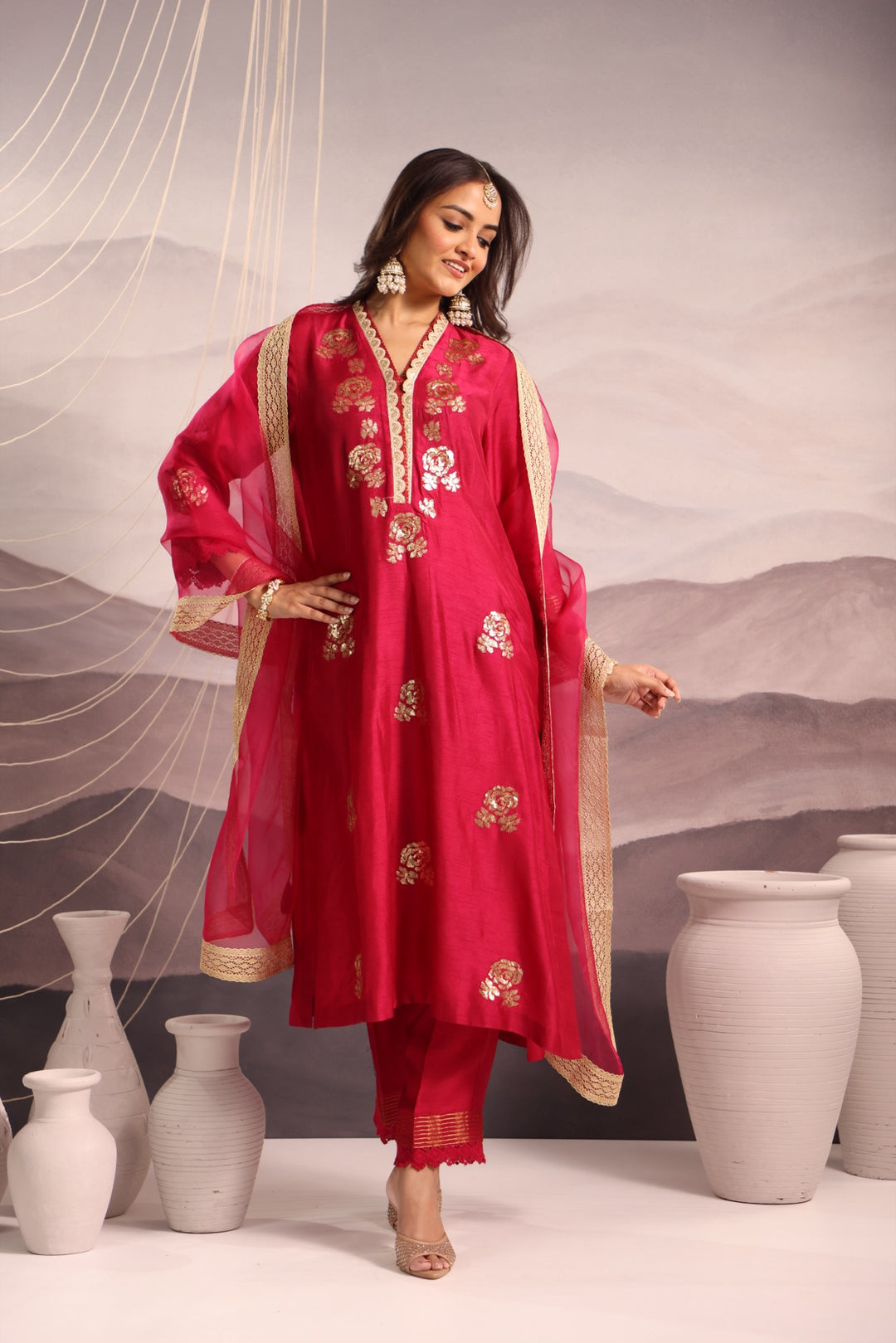 magenta embroidered v neck silk kurta set