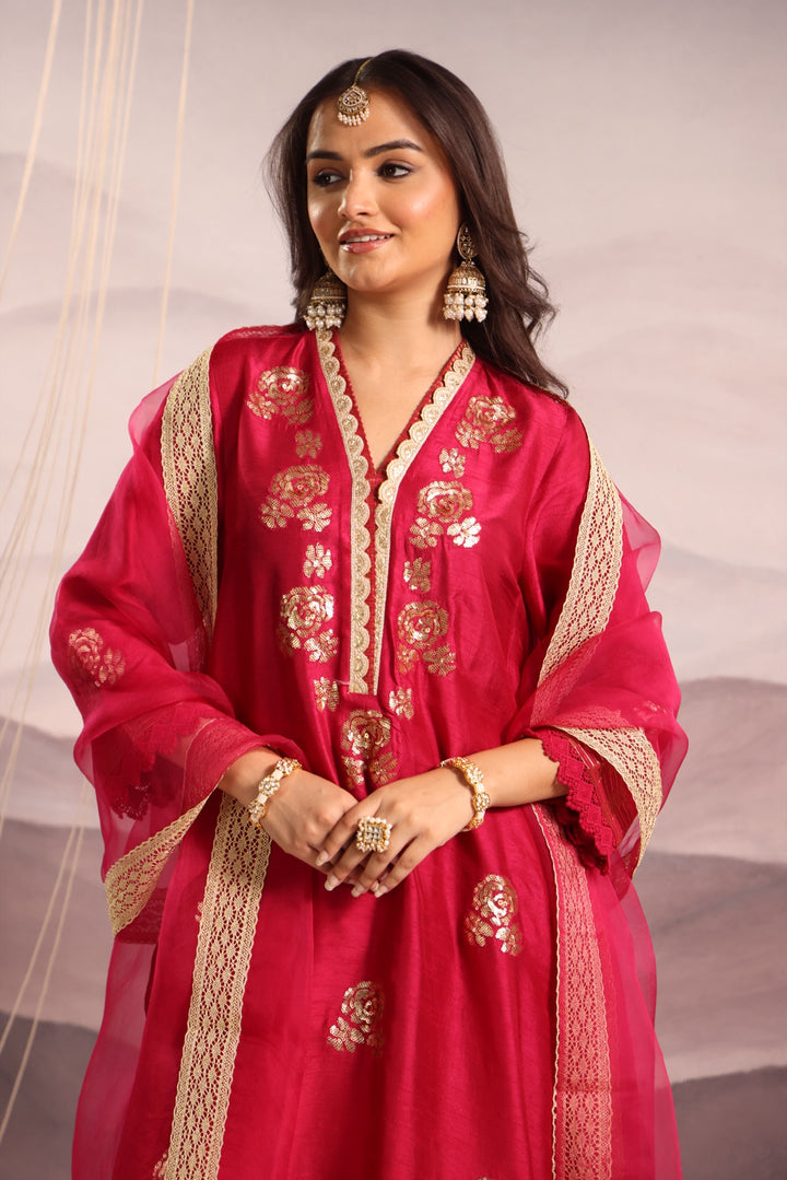 magenta embroidered v neck silk kurta set