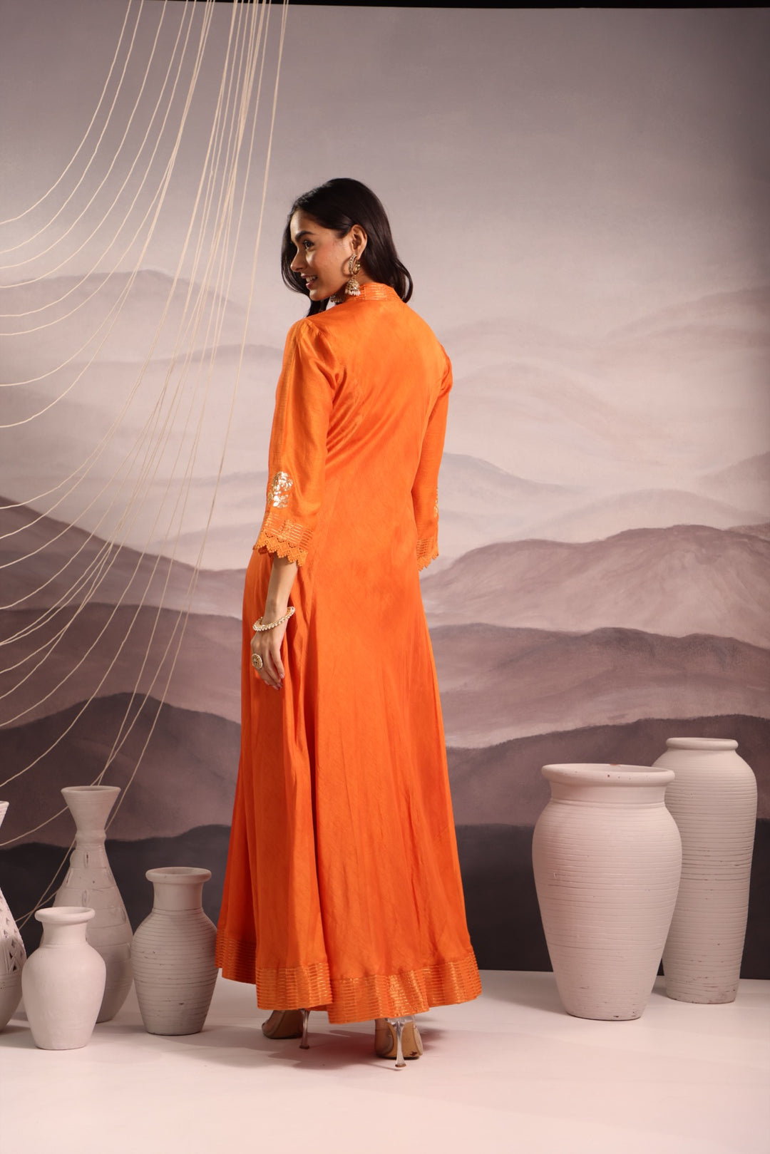 orange sequin embroidered flared panelled kurta