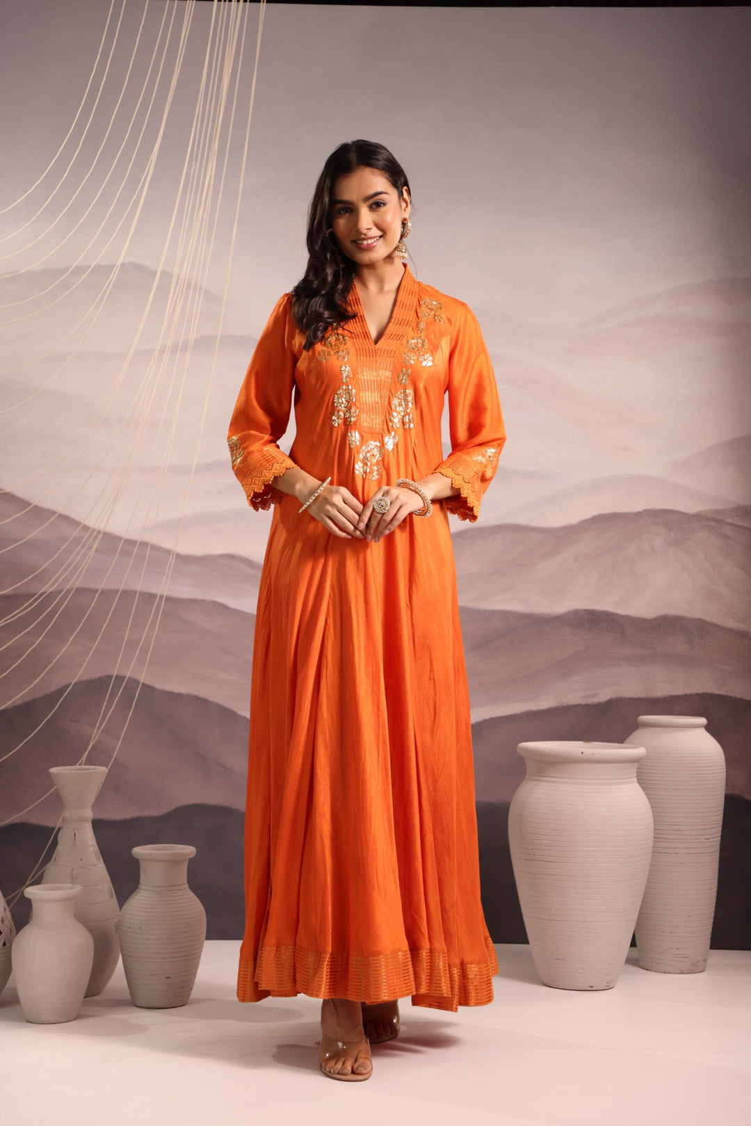 orange sequin embroidered flared panelled kurta