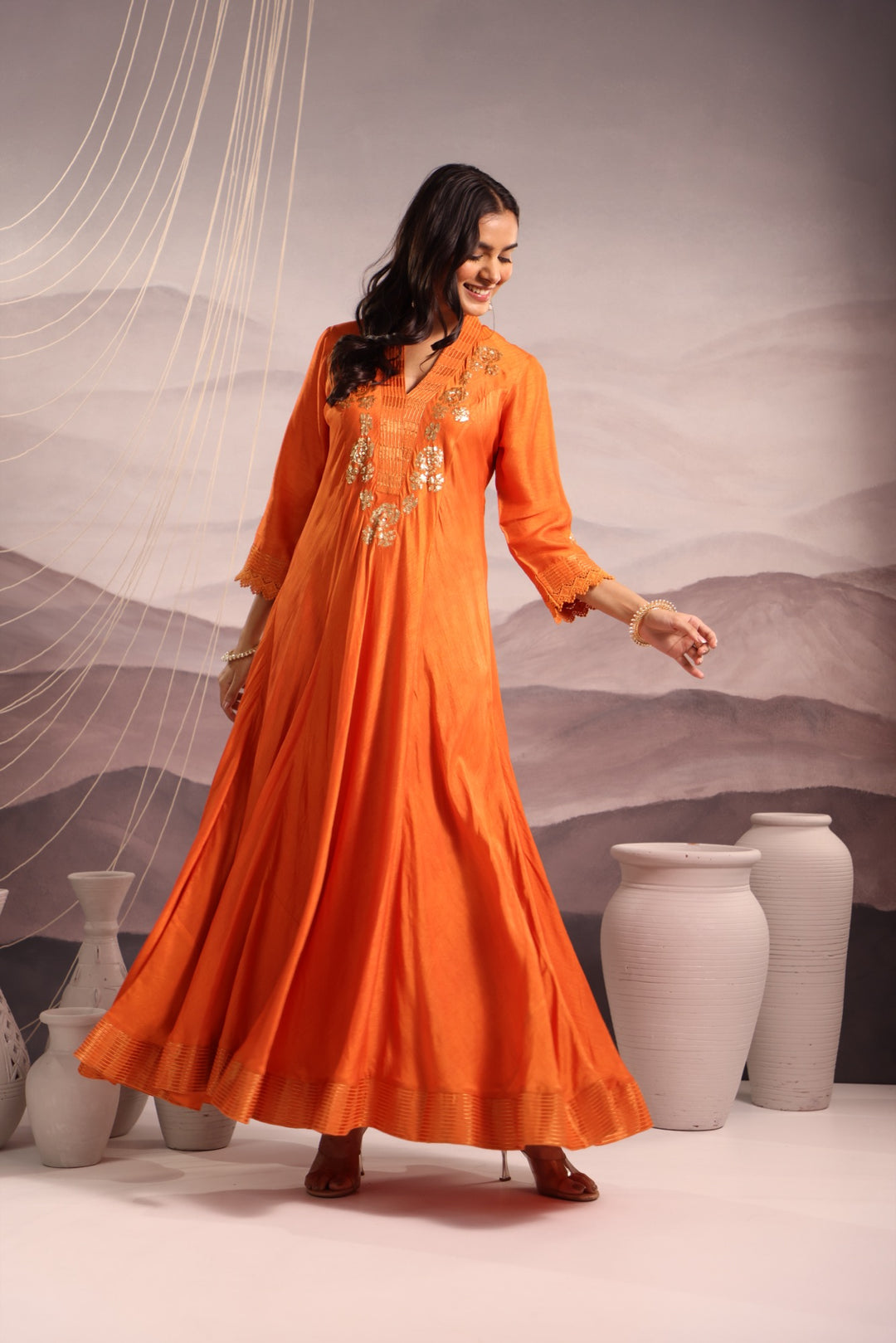 orange sequin embroidered flared panelled kurta