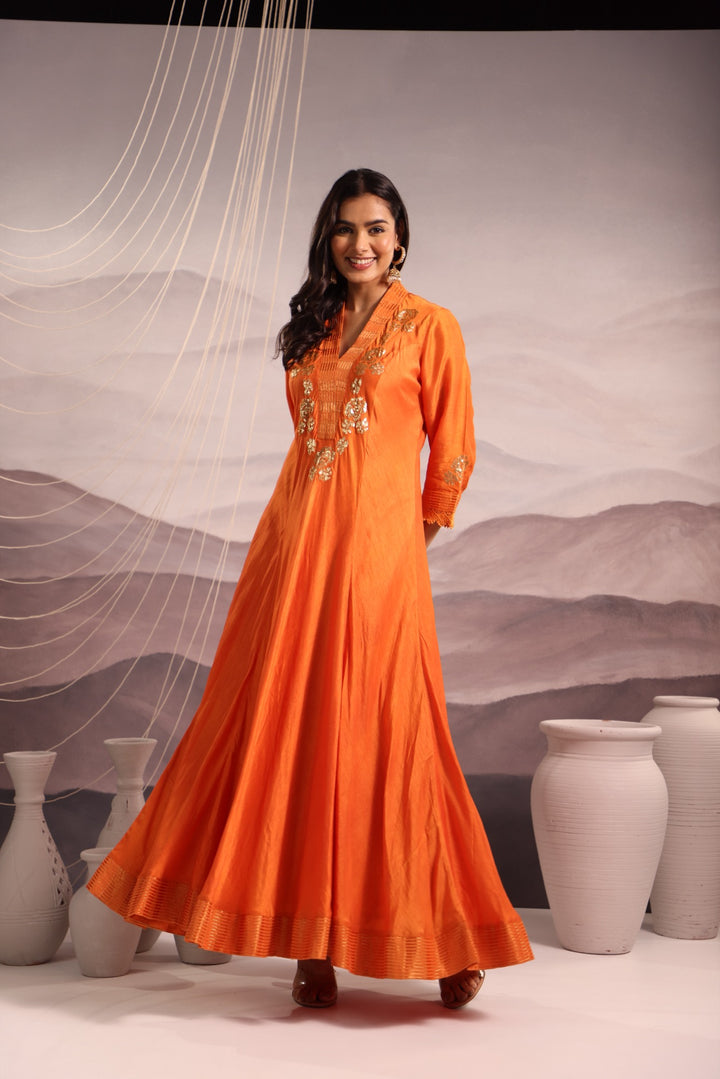 orange sequin embroidered flared panelled kurta