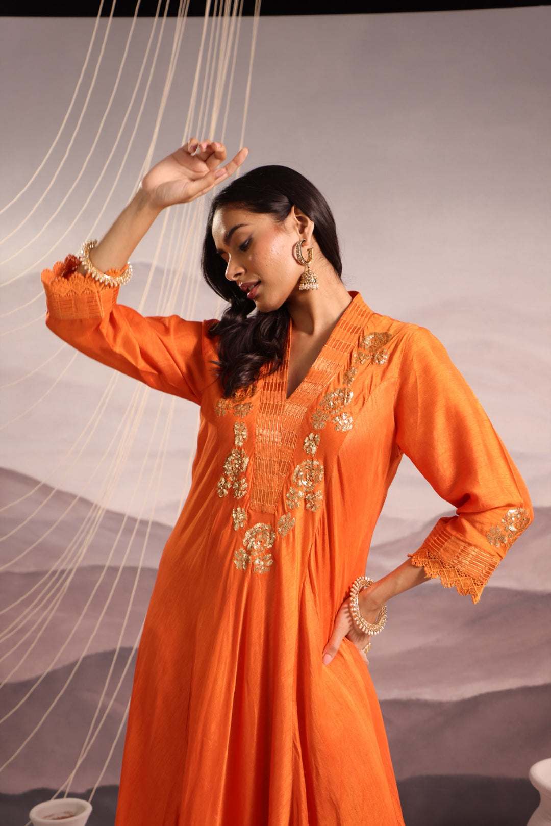 orange sequin embroidered flared panelled kurta