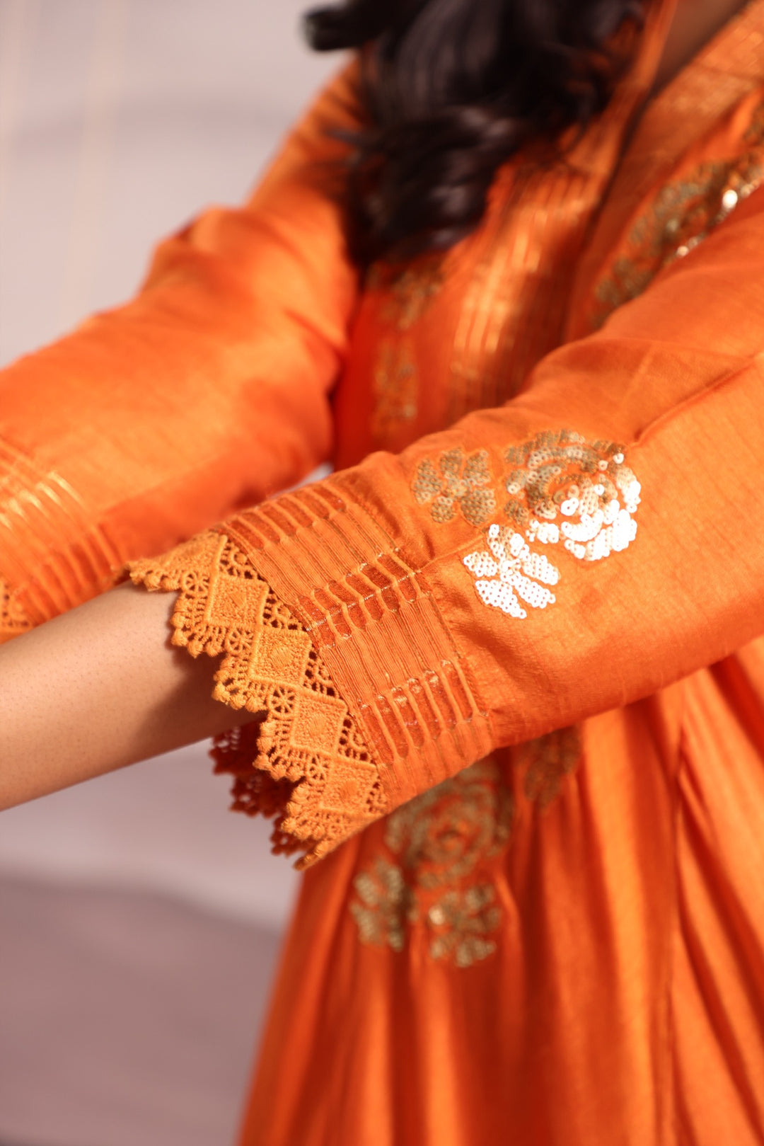 orange sequin embroidered flared panelled kurta