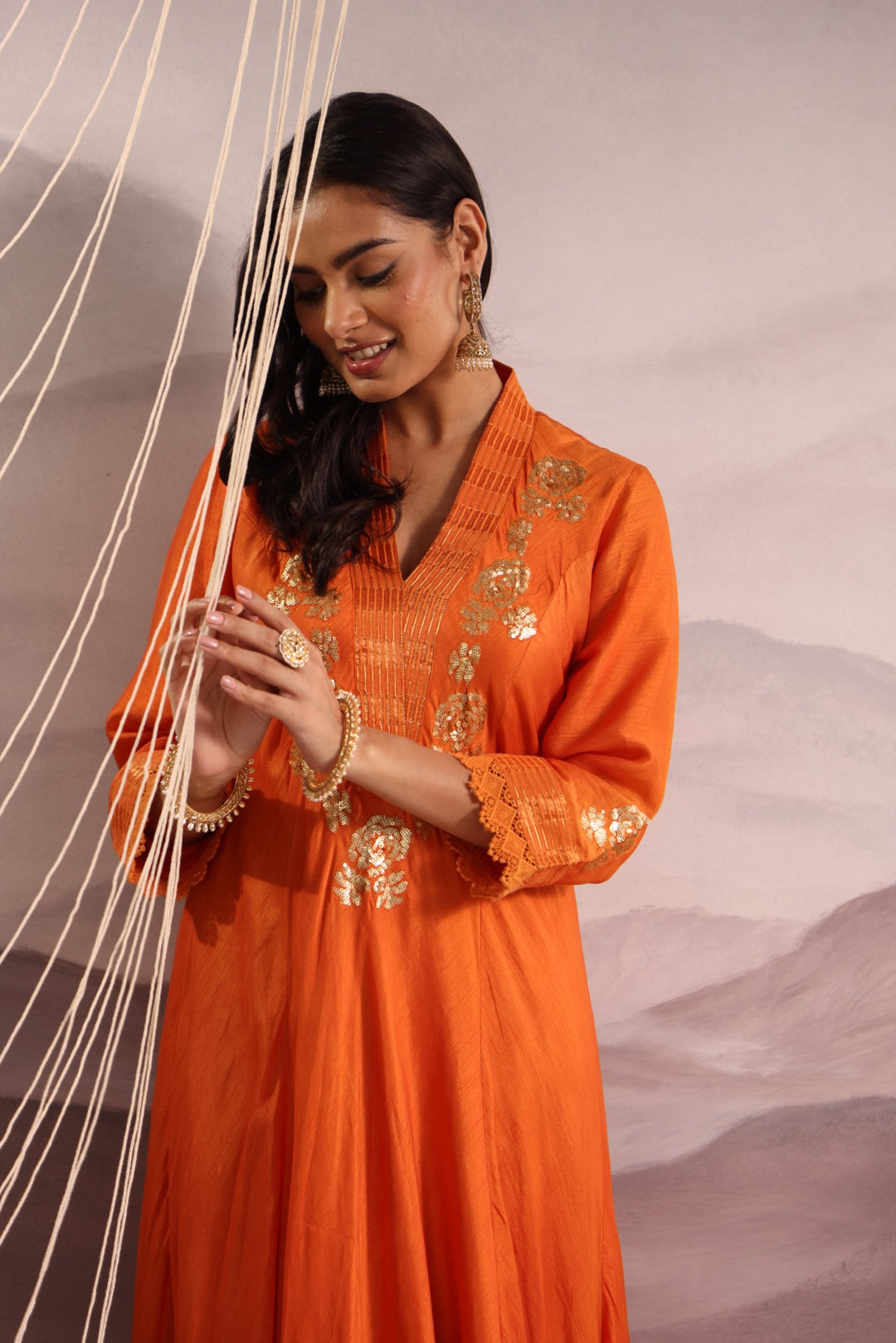 orange sequin embroidered flared panelled kurta