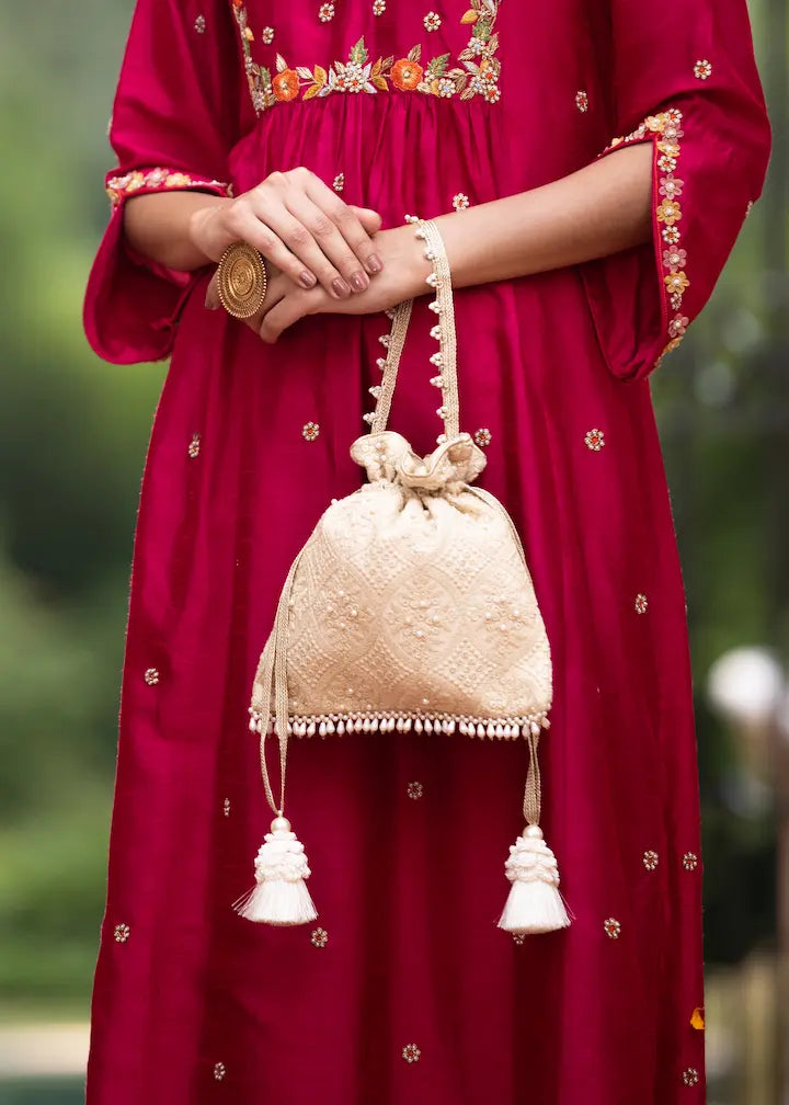 Oyster Beige Pearl Embroidered Silk Potli Bag