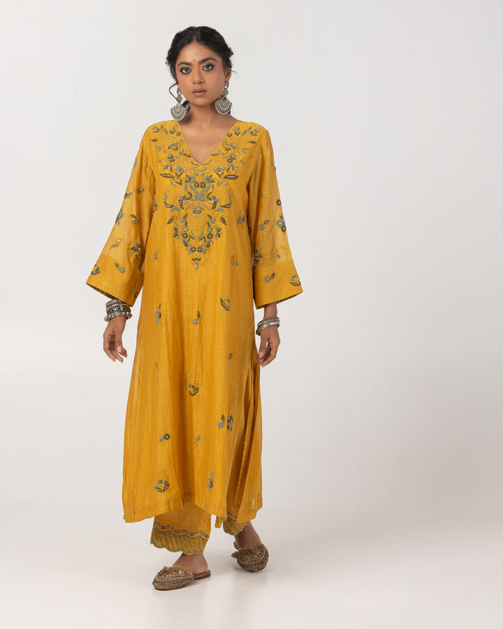 mustard chanderi mull embroidered kurta with cotton silk bottom and chanderi mull dupatta