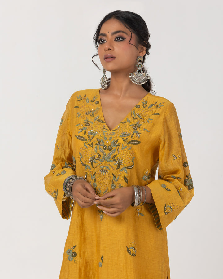 mustard chanderi mull embroidered kurta with cotton silk bottom and chanderi mull dupatta