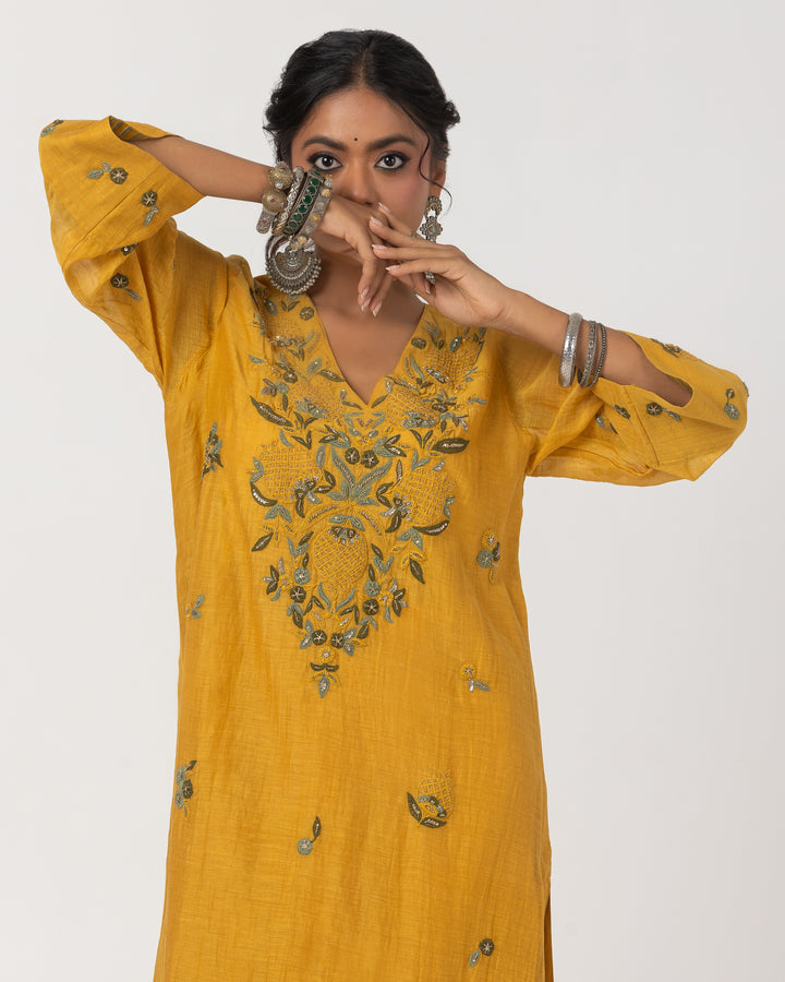 mustard chanderi mull embroidered kurta with cotton silk bottom and chanderi mull dupatta