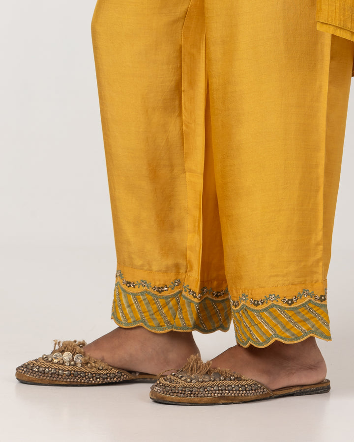 mustard chanderi mull embroidered kurta with cotton silk bottom and chanderi mull dupatta