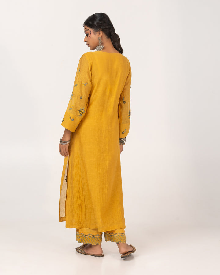 mustard chanderi mull embroidered kurta with cotton silk bottom and chanderi mull dupatta