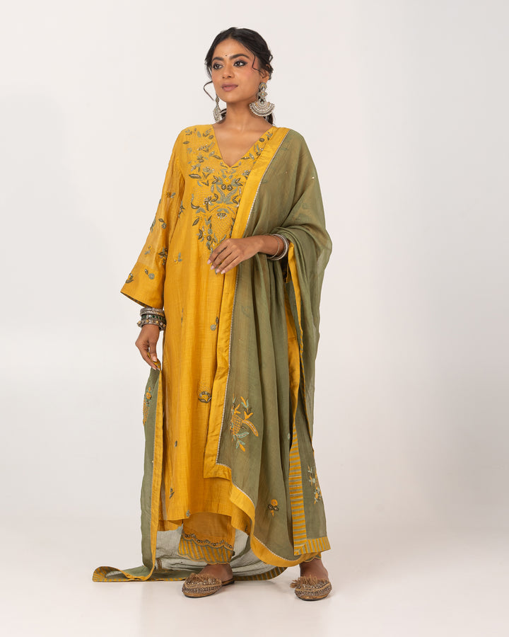 mustard chanderi mull embroidered kurta with cotton silk bottom and chanderi mull dupatta