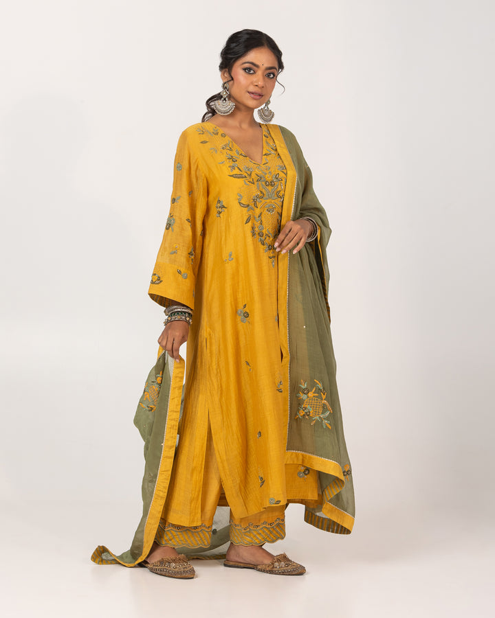 mustard chanderi mull embroidered kurta with cotton silk bottom and chanderi mull dupatta
