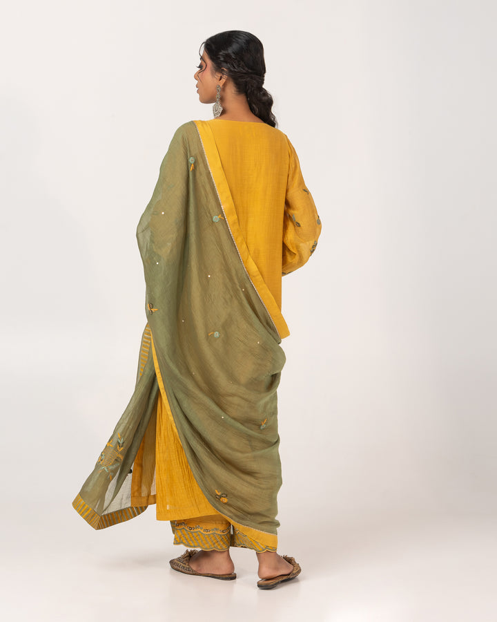 mustard chanderi mull embroidered kurta with cotton silk bottom and chanderi mull dupatta