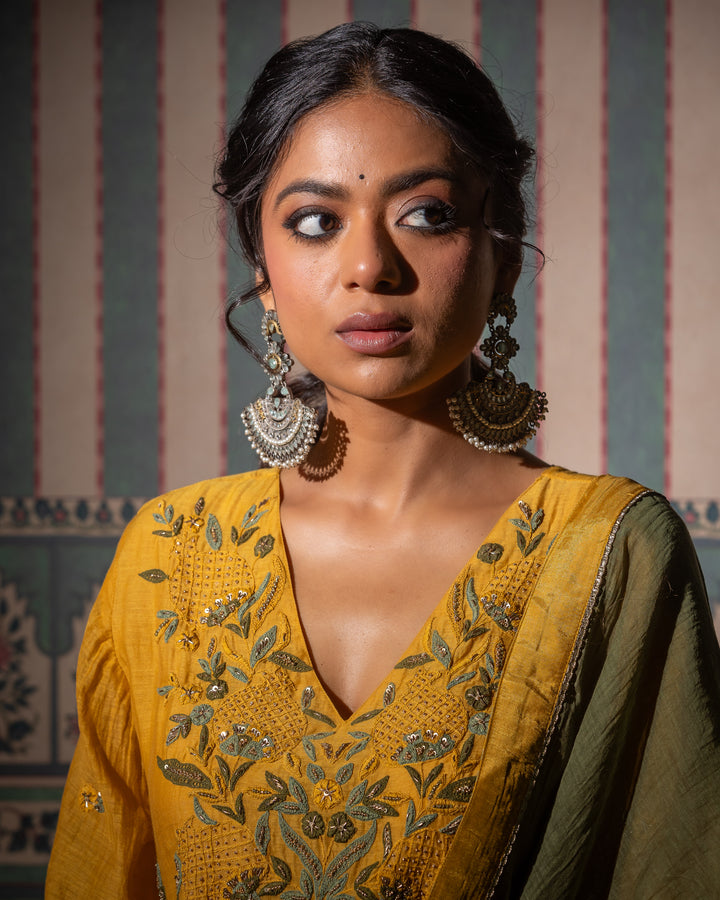 mustard chanderi mull embroidered kurta with cotton silk bottom and chanderi mull dupatta