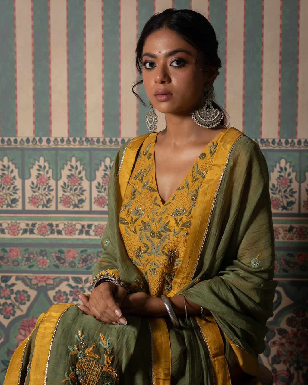 mustard chanderi mull embroidered kurta with cotton silk bottom and chanderi mull dupatta