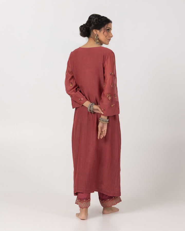 maroon chanderi mull embroidered kurta with cotton silk bottom