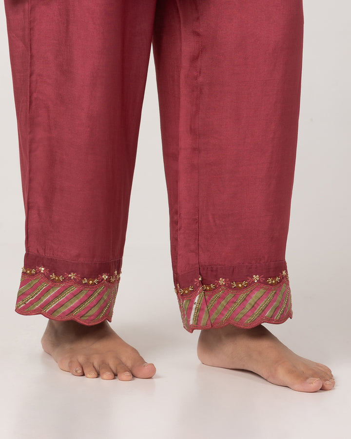 maroon chanderi mull embroidered kurta with cotton silk bottom