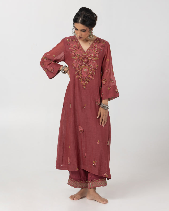 maroon chanderi mull embroidered kurta with cotton silk bottom