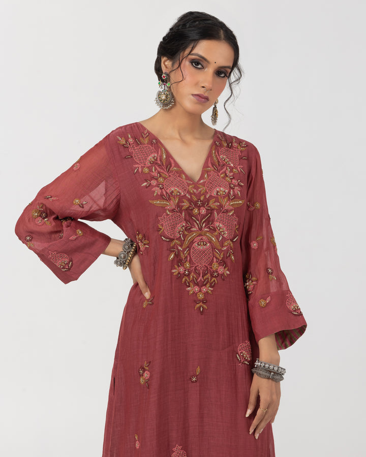 maroon chanderi mull embroidered kurta with cotton silk bottom