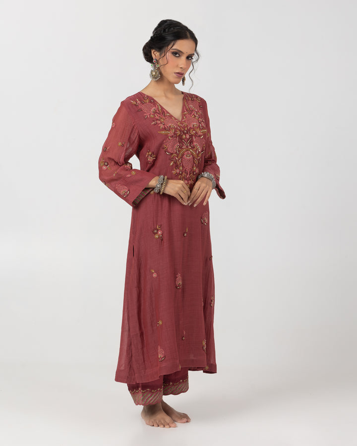 maroon chanderi mull embroidered kurta with cotton silk bottom