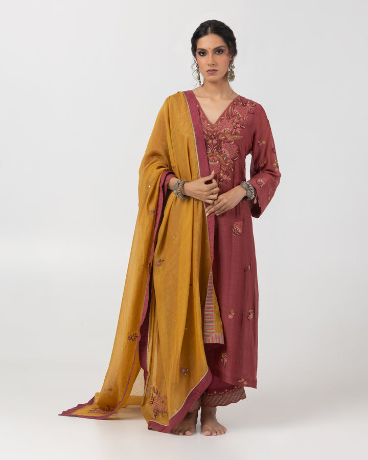 maroon chanderi mull embroidered kurta with cotton silk bottom and chanderi mull dupatta