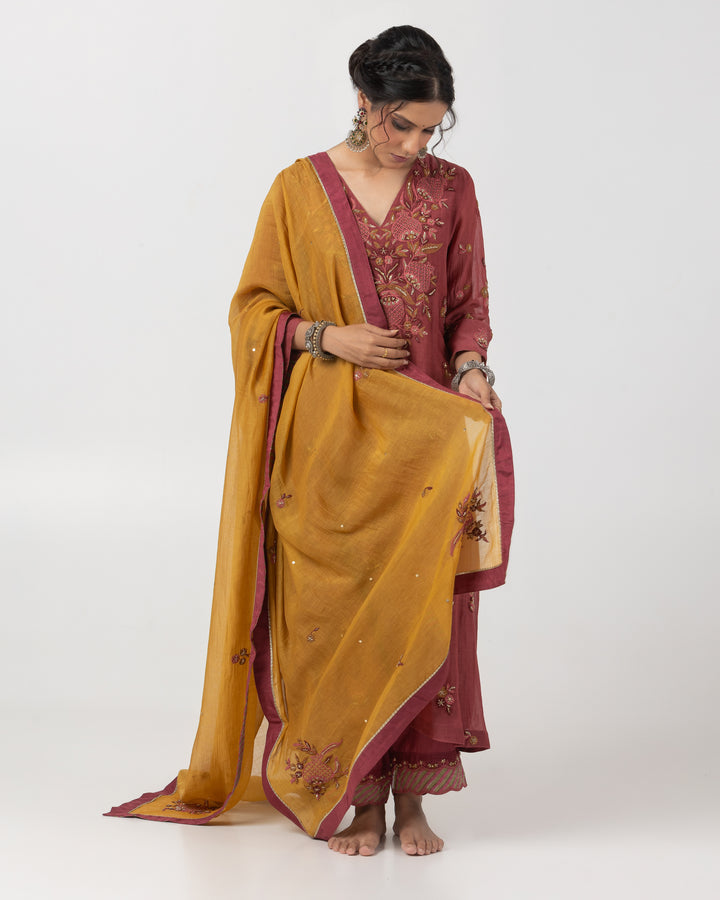 maroon chanderi mull embroidered kurta with cotton silk bottom and chanderi mull dupatta