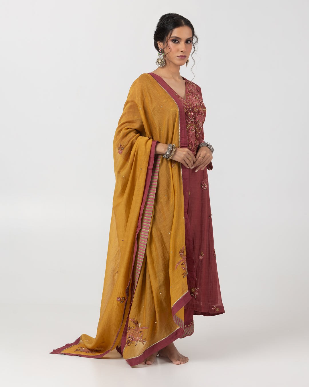 maroon chanderi mull embroidered kurta with cotton silk bottom and chanderi mull dupatta