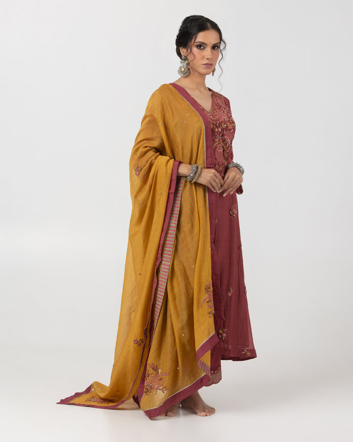 maroon chanderi mull embroidered kurta with cotton silk bottom and chanderi mull dupatta