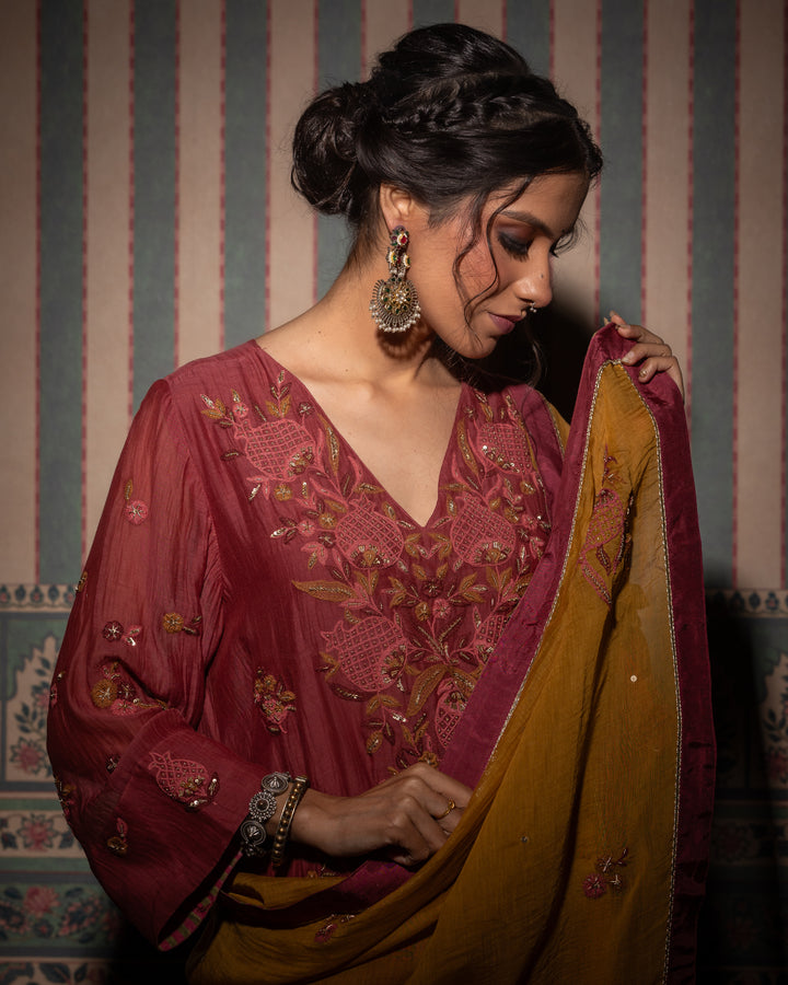 maroon chanderi mull embroidered kurta with cotton silk bottom and chanderi mull dupatta