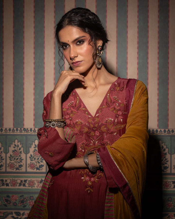 maroon chanderi mull embroidered kurta with cotton silk bottom and chanderi mull dupatta