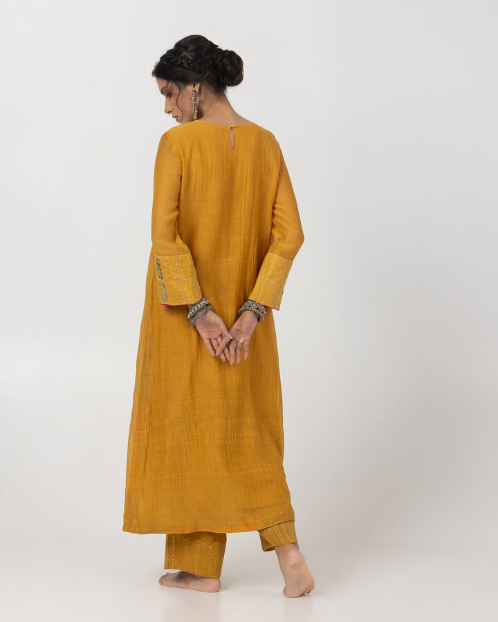 mustard chanderi mull embroidered kurta with cotton silk bottom and multicolor chanderi mull dupatta