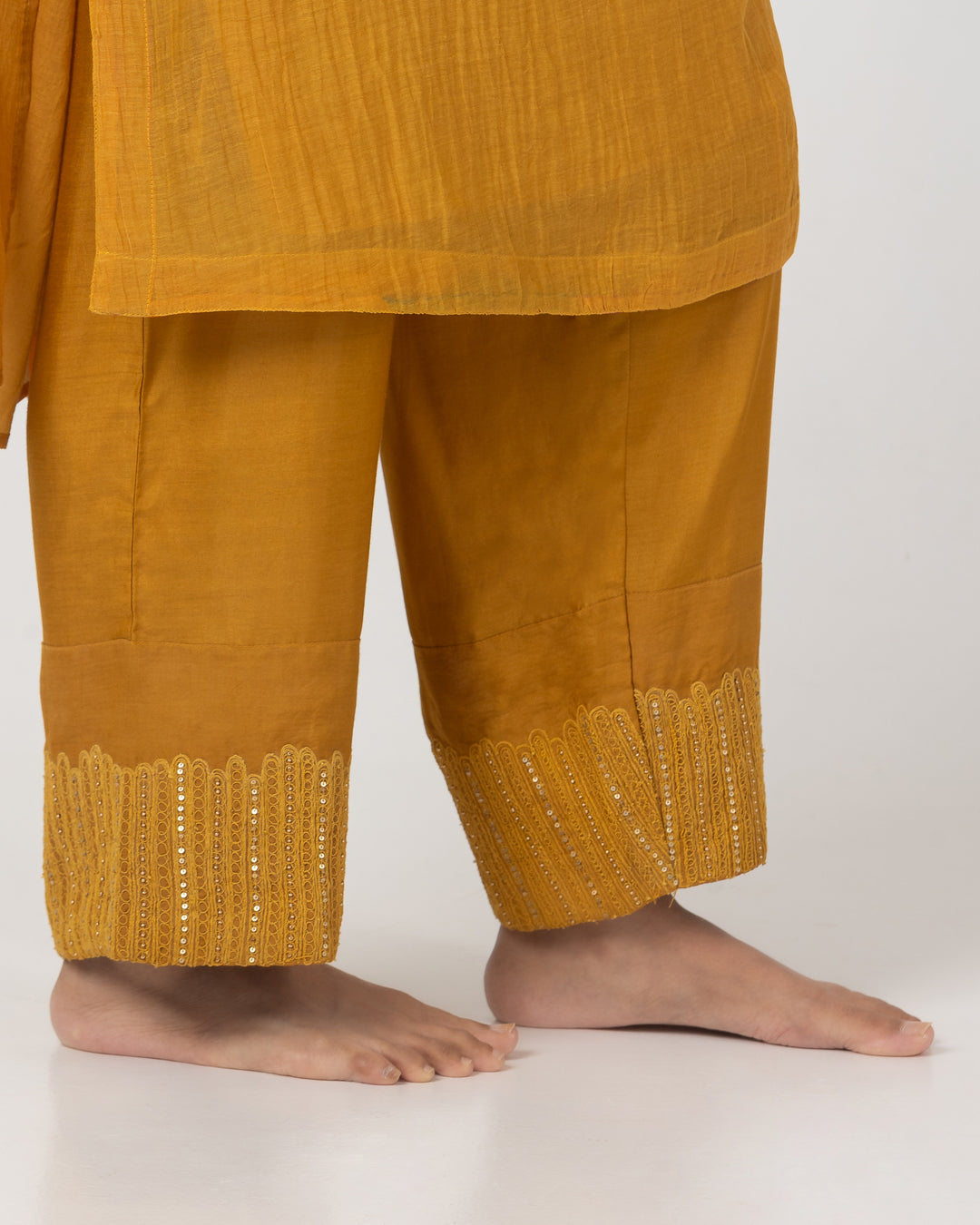 mustard chanderi mull embroidered kurta with cotton silk bottom and multicolor chanderi mull dupatta