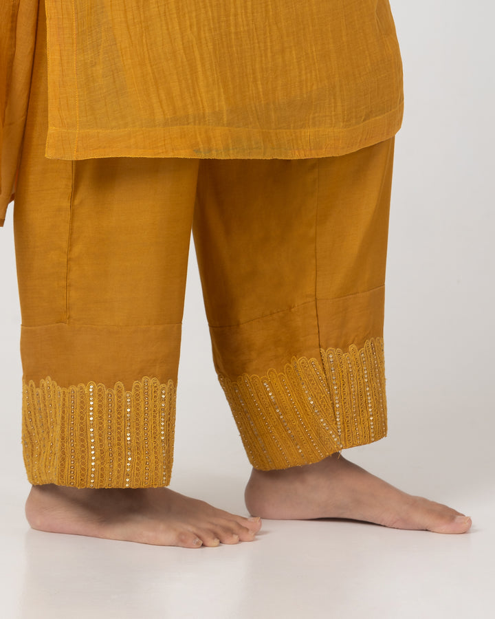 mustard chanderi mull embroidered kurta with cotton silk bottom and multicolor chanderi mull dupatta