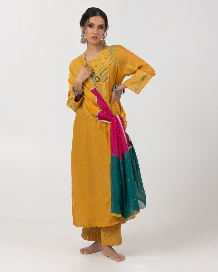 mustard chanderi mull embroidered kurta with cotton silk bottom and multicolor chanderi mull dupatta