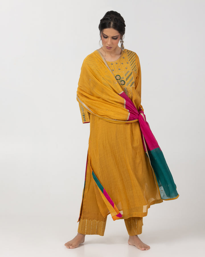 mustard chanderi mull embroidered kurta with cotton silk bottom and multicolor chanderi mull dupatta