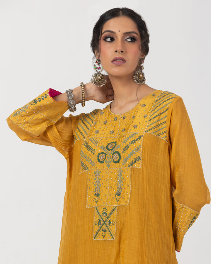 mustard chanderi mull embroidered kurta with cotton silk bottom and multicolor chanderi mull dupatta