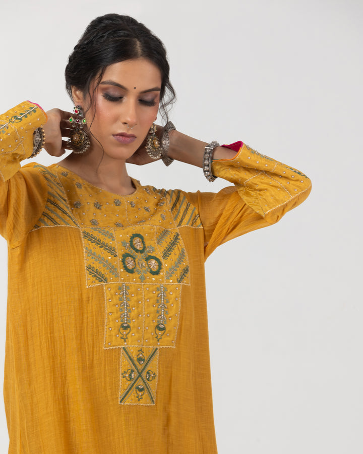 mustard chanderi mull embroidered kurta with cotton silk bottom and multicolor chanderi mull dupatta