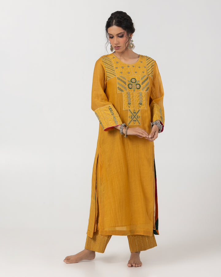 mustard chanderi mull embroidered kurta with cotton silk bottom and multicolor chanderi mull dupatta