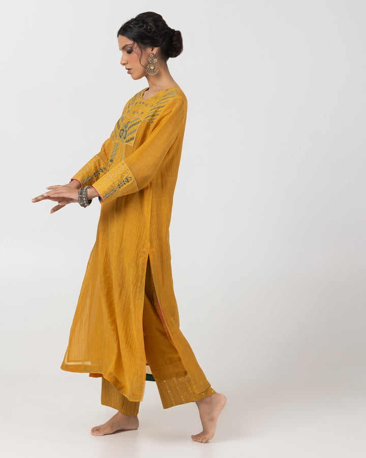 mustard chanderi mull embroidered kurta with cotton silk bottom and multicolor chanderi mull dupatta