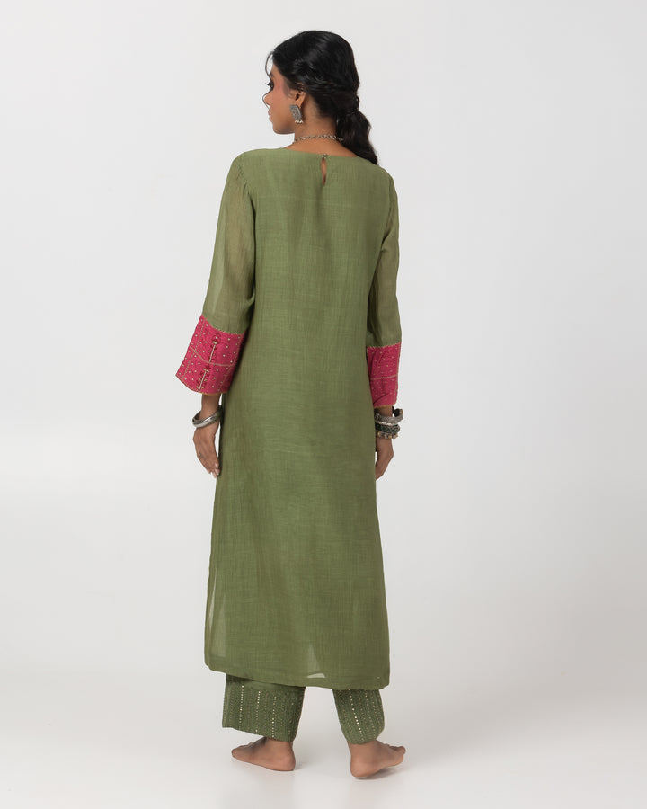 olive green chanderi mull embroidered kurta with cotton silk bottom and multicolor chanderi mull dupatta