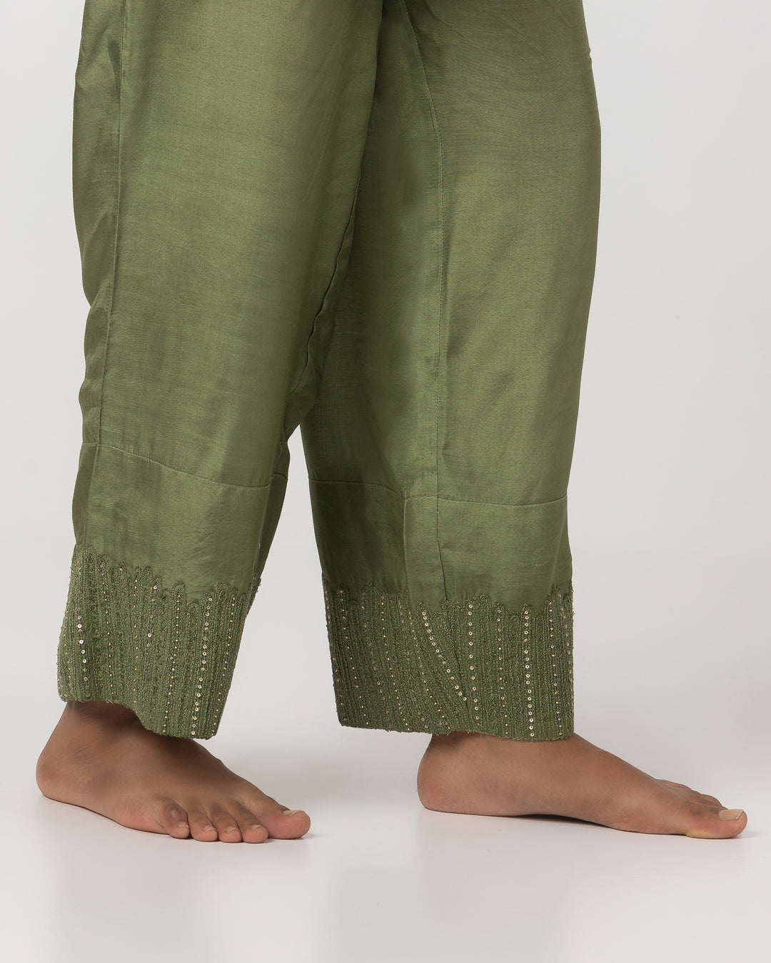 olive green chanderi mull embroidered kurta with cotton silk bottom and multicolor chanderi mull dupatta