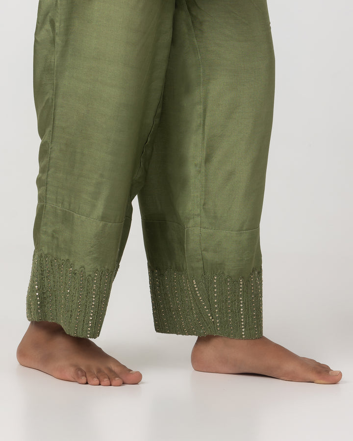 olive green chanderi mull embroidered kurta with cotton silk bottom and multicolor chanderi mull dupatta