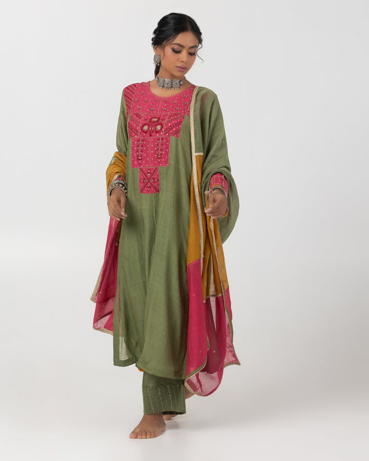 olive green chanderi mull embroidered kurta with cotton silk bottom and multicolor chanderi mull dupatta