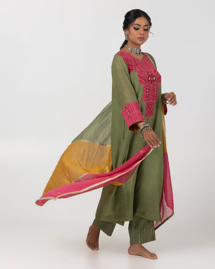 olive green chanderi mull embroidered kurta with cotton silk bottom and multicolor chanderi mull dupatta