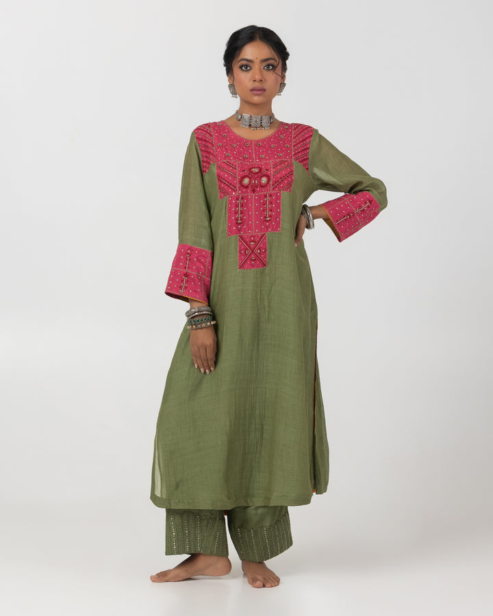 olive green chanderi mull embroidered kurta with cotton silk bottom and multicolor chanderi mull dupatta