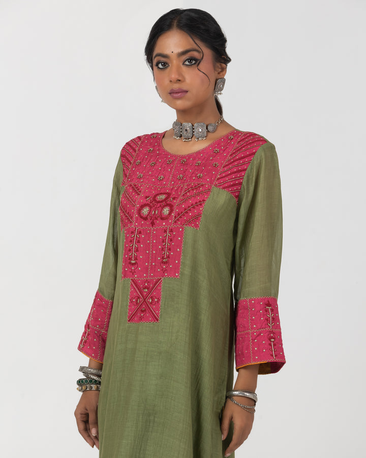 olive green chanderi mull embroidered kurta with cotton silk bottom and multicolor chanderi mull dupatta