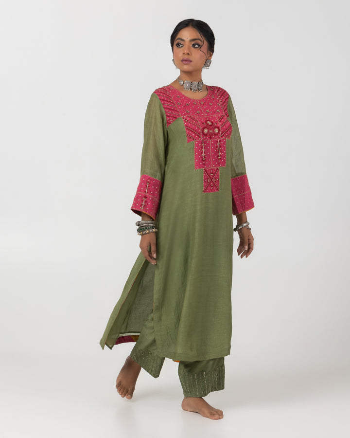 olive green chanderi mull embroidered kurta with cotton silk bottom and multicolor chanderi mull dupatta